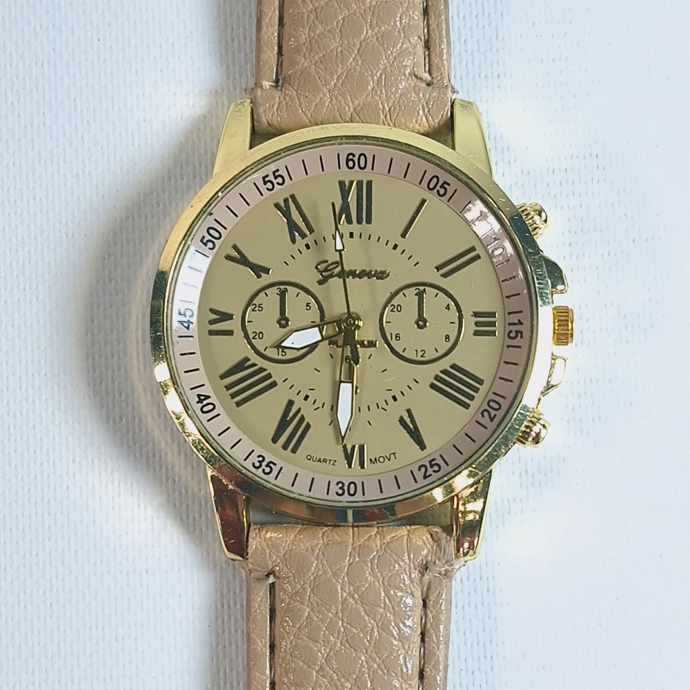 Geneva Oversized Watch Tan Bezel & Band Faux Chronograph New Battery